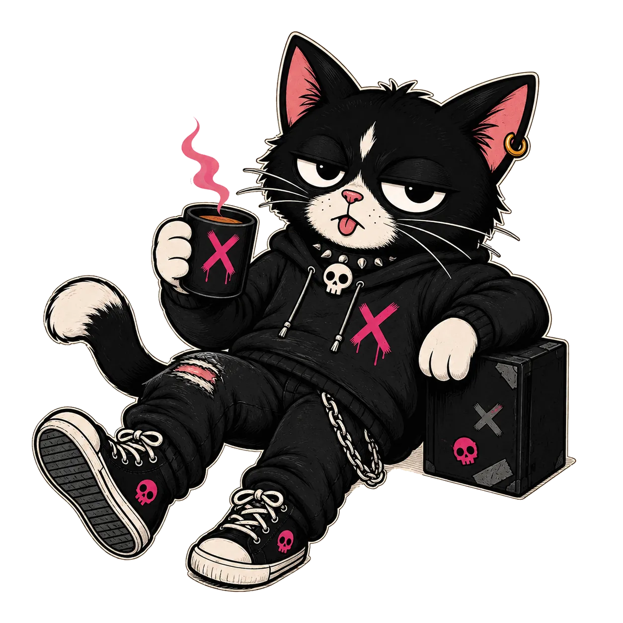 Cat Niko relaxing with a hot cup of coffee