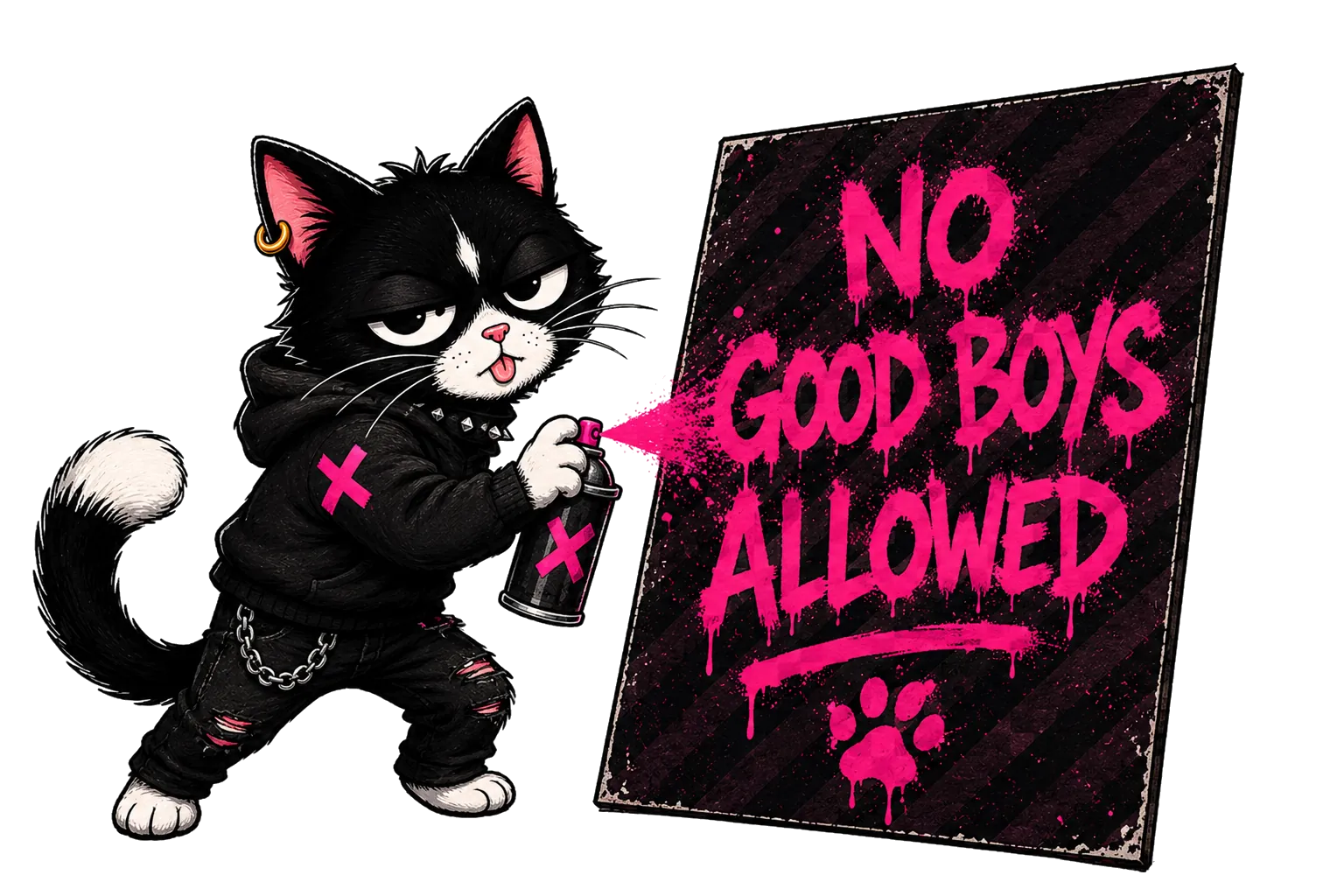 Cat Niko spray-painting a No Good Boys Allowed sign